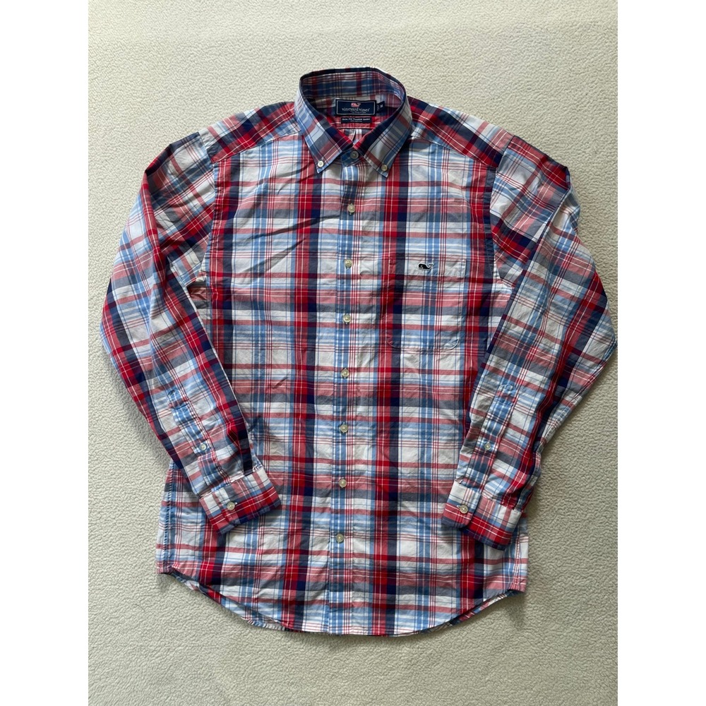 Vineyard Vines Mens Medium Button Down Shirt Red Blue Plaid Slim Fit Tucker Prep